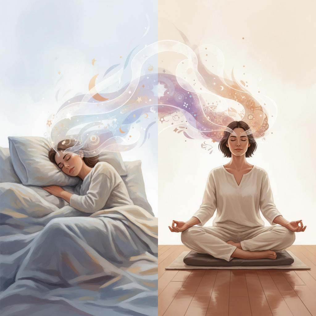 Split image showing a person sleeping/dreaming and the same person awake, with subtle visual elements suggesting the continuity between states