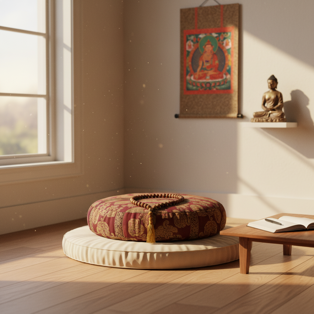 A peaceful morning meditation scene, with journal and mala beads nearby