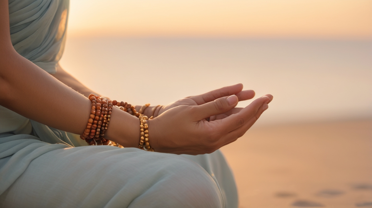 Image of hands in prayer position or mudra, with soft dawn light