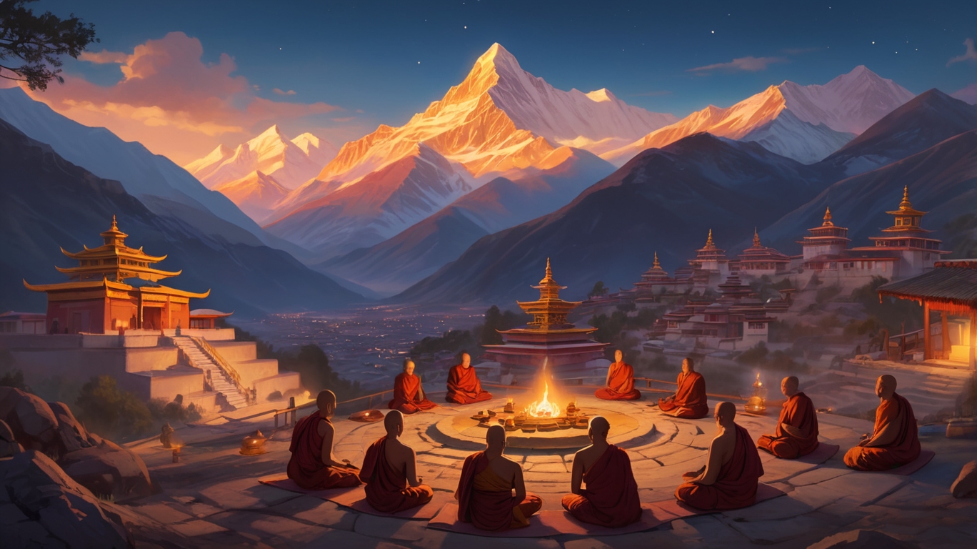 Ancient Tibetan monastery at twilight with monks practicing meditation and preparing for dream yoga in traditional setting