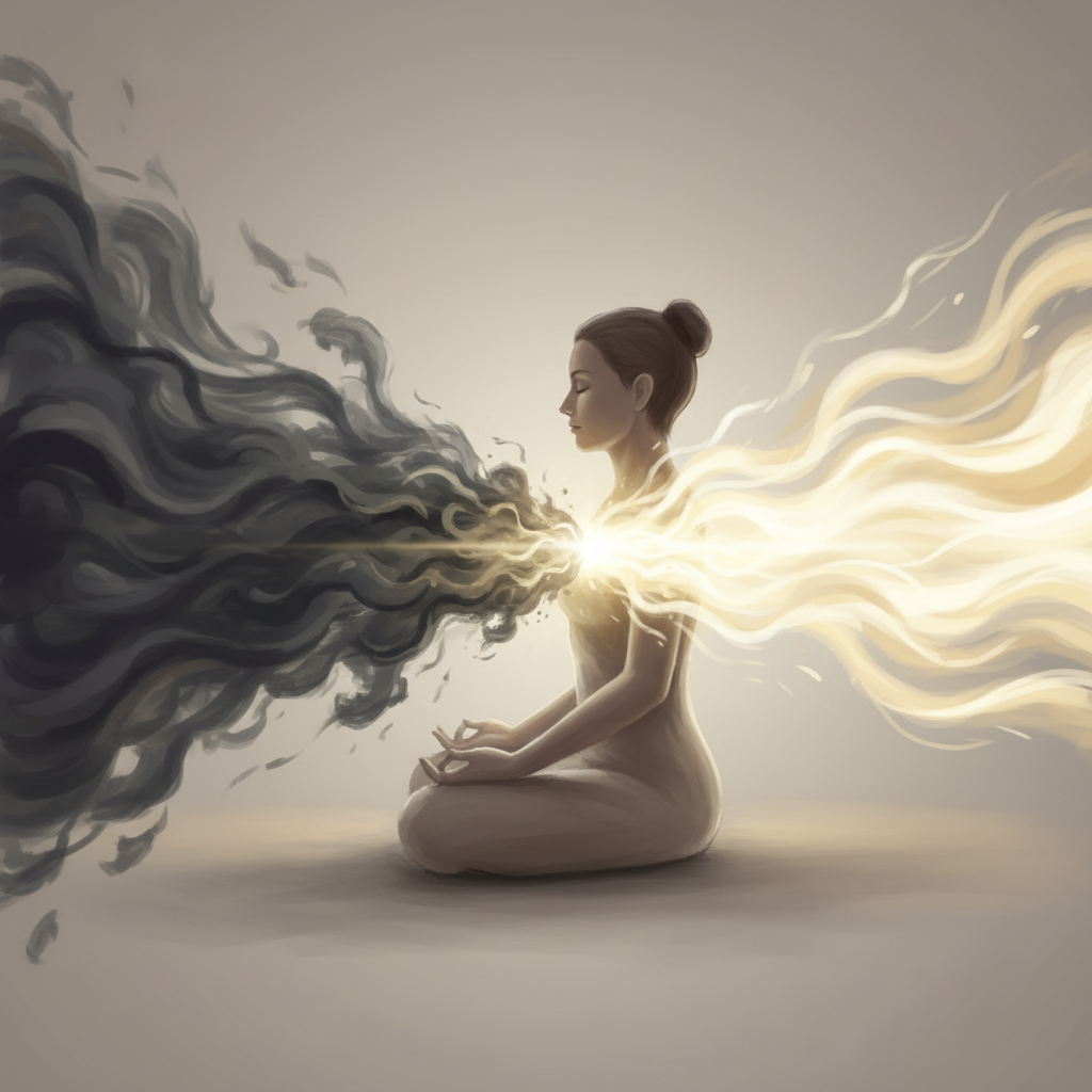 Artistic representation of tonglen practice showing the exchange of dark smoke (suffering) and light (compassion)