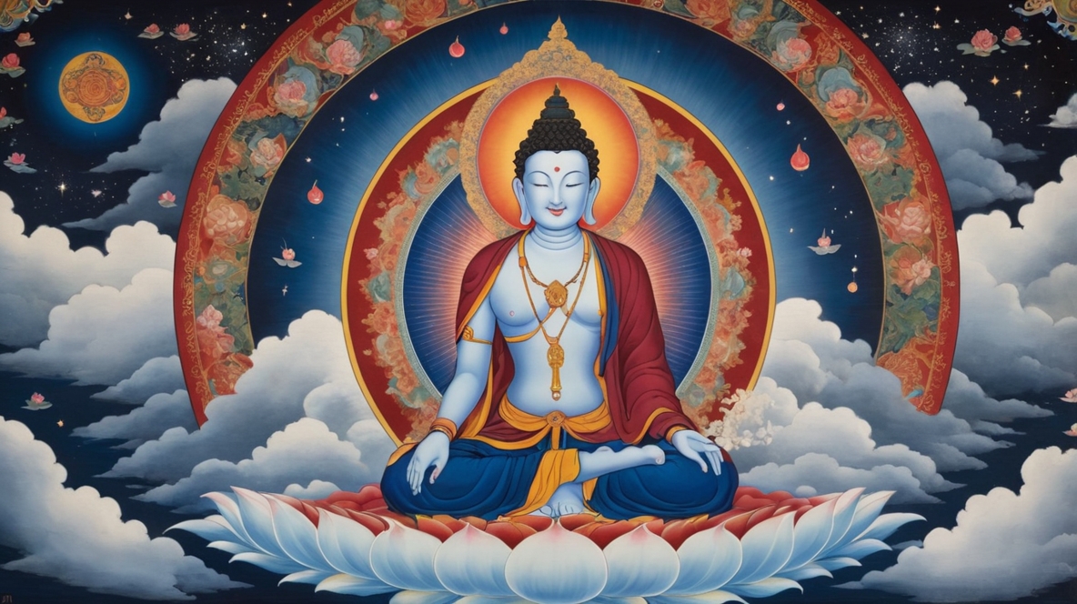 Traditional Tibetan thangka depicting a yogi in meditation posture surrounded by dream imagery and celestial beings