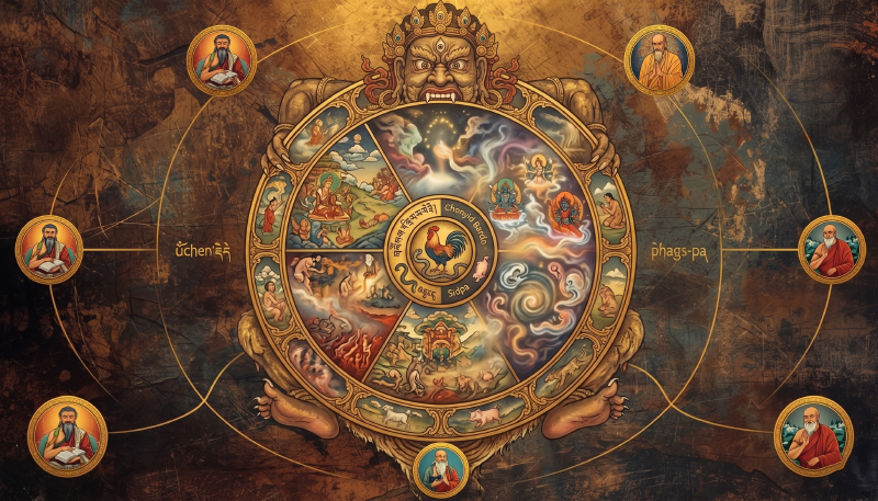 Tibetan wheel of life illustrating the bardo intermediate states that dream yoga prepares practitioners to navigate