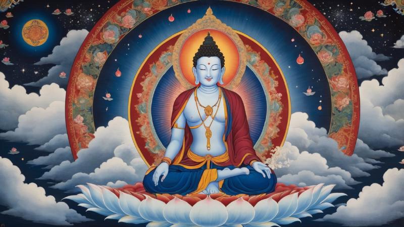 Traditional Tibetan thangka depicting a yogi in meditation posture surrounded by dream imagery and celestial beings